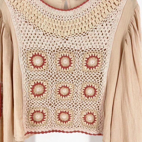 Zara Granny Square Crochet Medallion Front Full Sleeve Cropped Blouse Beige M - Picture 8 of 11